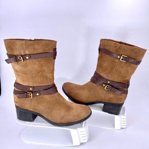 BANDOLINI 9.5M BDURSAL BOOTIES BROWN SUEDE LEATHER MID-CALF 2 IN. BLOCK HEELS